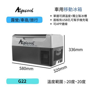 Alpicool 車用移動冰箱 G22 露營車載冰箱 單邊調溫 獨立製冰槽 USB充電 APP連接, 簡約黑灰, 22L
