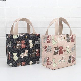 台出 保溫袋 野餐袋 保冰袋 新款帆布便攜便當袋可愛飯盒袋子手提學生午餐飯盒收納袋手拎飯包, 黑色碎花小貓,無規格, 1個