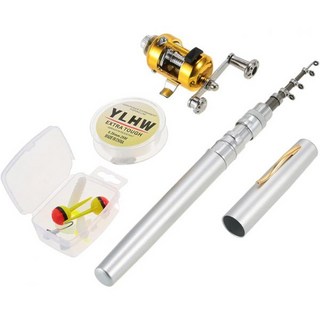 낚싯대HUIOP 낚싯대 릴 콤보 세트 미니 텔레스코픽 휴대용 포켓 펜 및 알루미늄 합금 소프트 미끼 지그 후크, Silver, silver, 1개