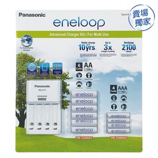 Panasonic eneloop 進階充電器套裝 適用於 AA/AAA 電池 包含 6 顆 AA 電池及 4 顆 AAA 電池, 1個
