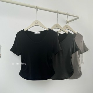 【Fee現貨13色】正韓側抓皺短上衣，螺紋棉圓領合身棉T，短版U領顯瘦韓國女裝