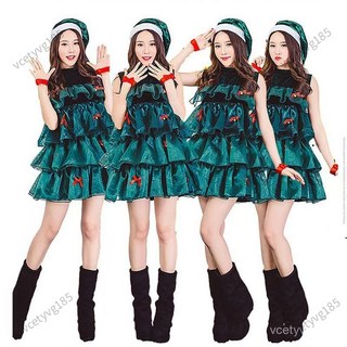 狂歡聖誕節綠色聖誕樹服裝，可愛蓬蓬裙無袖連衣裙，聖誕派對聚會演出服裝，臺灣快速出貨