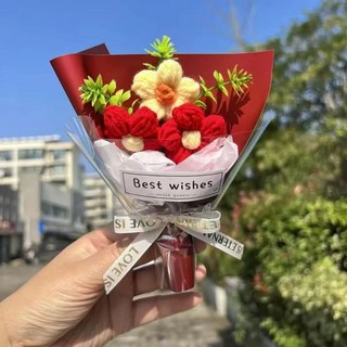 編織花束 畢業花束 迷你花束 毛線小花束, 編織花束【紅色】