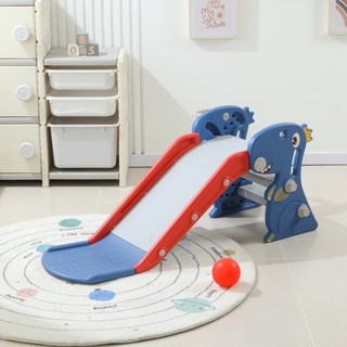 哩哩摳摳 兒童溜滑梯 盪鞦韆組合，檢驗合格室內溜滑梯，寶寶滑梯附籃球框, 1個, 新二合一 恐龍藍色, 恐龍藍色
