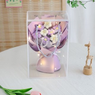 手工編織玫瑰花束 針織毛線花 畢業禮物 情人節禮物 教師節禮物 母親節禮物, 1個, 小花束【紫色系+手提盒】送燈+賀卡