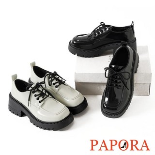 PAPORA樂福鞋 方頭綁帶厚鋸齒底亮面樂福鞋