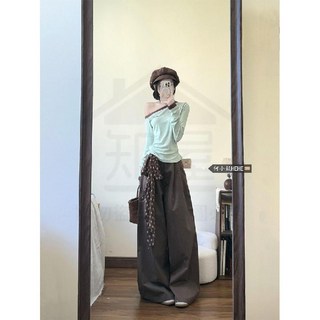 全店折扣 套裝女秋季純欲風辣妹斜肩撞色長袖T恤上衣高腰顯瘦休閒闊腿褲潮