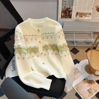 미중 여성 추동 뉴 부드러운 배색 자수 니트 가디건 나른한 라운드넥 외투 스웨터 yy