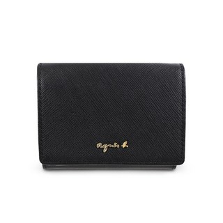 agnes b. 經典 LOGO防刮皮革三層短夾黑金款 荔枝紋皮革 女短夾 零錢袋 小資女皮夾