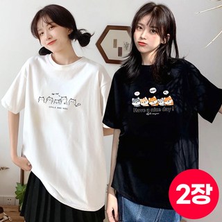 1+1 스타일아유 우유실크원단 귀여운 캐릭터 영문 프린팅 오버핏 반팔티 여성용 티셔츠 신상무배 TS3594