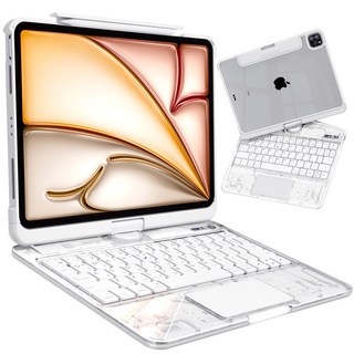 AITEWO 아이패드 키보드 케이스 일체형 360도 회전 다각도 조절 투명 케이스 트랙패드 세트 펜슬수납 한국어 매직키보드 에어/프로 10.9/11/12.9/13인치 호환, 투명 화이트, 1개