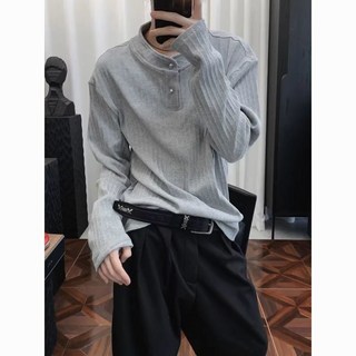 灰色cleanfit長袖Polo衫，男款秋季老錢風亨利領T恤，高級感休閒上衣，舒適百搭展現成熟魅力