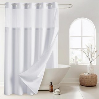 KGORGE No Hook White Shower Curtain Set for Bathroom Modern Linen Textured Fabric Waterproof Wash, 퓨어 화이트