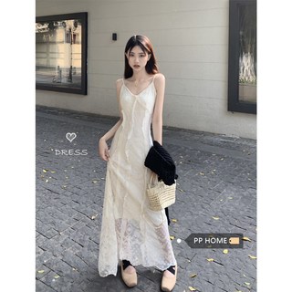 茶歇法式重工繡吊帶連衣裙 女夏白色海邊度假風長洋裝超仙, S,杏色吊带连衣裙