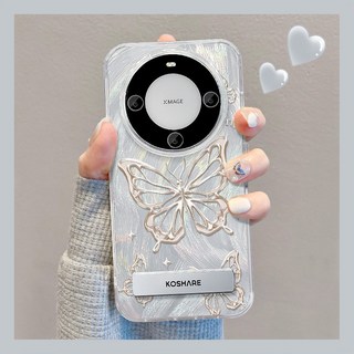 桃園出貨-適用華為Pura70pro手機殻vivos17滿屏蝴蝶折疊支架oppo羽紗小米13, 羽紗殼-銀色-金屬蝴蝶+支架,華為 P60 Art, 1個