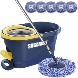 VIIWII 濕拖旋轉拖把+脫水桶 輕鬆清潔含5條抹布, 1套