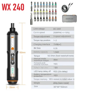 Worx 4V 미니 전기 스크루 드라이버 세트 WX242 스마트 무선 스크류 USB 충전식 30 비트 드릴 도구, 01 WX240, 1개
