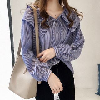 大尺碼雪紡襯衫 - 條紋娃娃領長袖上衣女 (學生/打底)