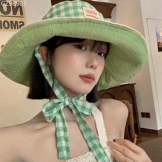 薄荷曼波千鳥格繫帶防曬漁夫帽子女夏季雙面可戴大帽簷遮陽太陽帽