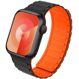 BuGeum 애플워치 마그네틱 실리콘 스트랩 스포츠 스트랩, 1개, 블랙/오렌지