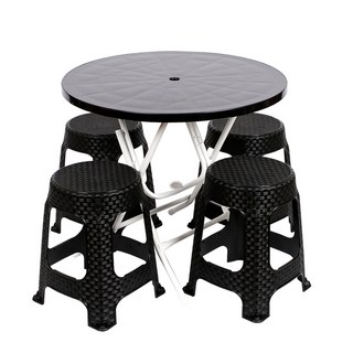 지오리빙 접이식 플라스틱 테이블 의자 세트, 원형+원형라탄(블랙)