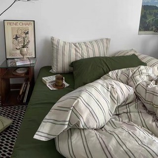 挪威的森林 復古中古條紋水洗棉床單床包 條紋綠