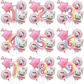 臺灣-出貨 卡通Hello Kitty氣球生日裝飾主題派對用品，KT貓公主派對裝飾，新款熱銷，打造夢幻生日派對, 1個, KT貓數字5件套,4