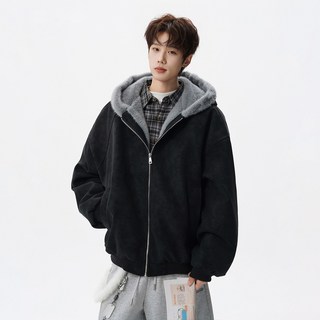 連帽加絨加厚棉服夾克外套 米白色保暖男款