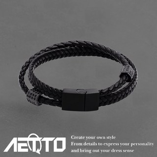 AETTO 雙層皮繩手鍊 編織繩 高級感 錯位交叉 鑲鑽轉珠
