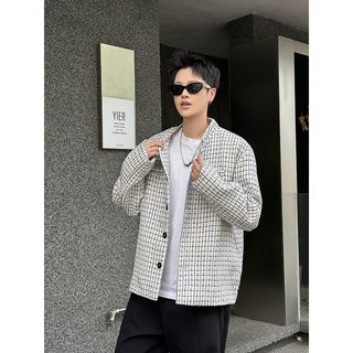 千鳥格小香風休閒西服夾克 短款墊肩立領西裝外套 - 時尚男裝