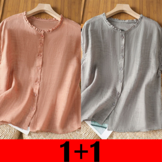 IWMAFT 2종 세트 여성 여름 민소매 셔츠 프릴 라운드넥 버튼 루즈핏 시원한 린넨 텍스처 블라우스 KT44