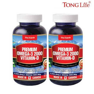 통라이프- 프리미엄오메가3-2000 비타민D-연어오일100%-300캡슐-혈행 기억력개선 칼슘흡수에도움-2병, 2개