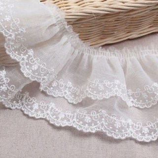 雙層褶皺網紗刺繡蕾絲 寬8.5cm X 220cm, 米白色