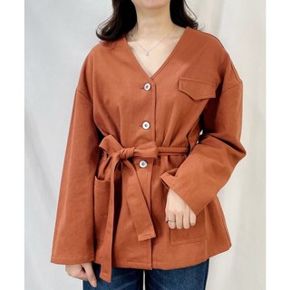 KOBE LETTUCE 兩穿無領綁帶夾克上衣－磚紅 斜紋布 夾克 襯衫外套 長版 腰帶 腰身 挺版
