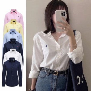 RL POLO 小馬顯瘦修身牛津布長袖襯衫，OL商務休閒女款上衣，附贈手提紙袋