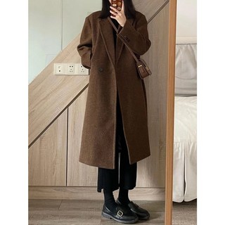 【Cavensi】加大尺碼黑咖色毛呢長版大衣，鴨絨內裡加厚保暖，休閒上班皆宜