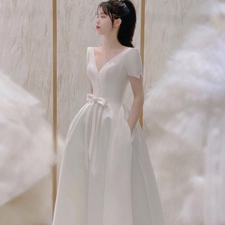 여성 웨딩 드레스 슬림핏 신부 결혹식 원피스 고급스러운 이브닝 들러리 드레스 기질 하객룩 브이넥 반팔 웨딩 드레스 ZZL