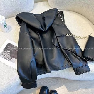 高檔黑色連帽短款皮衣外套，韓版時尚春秋裝，高級感百搭女裝