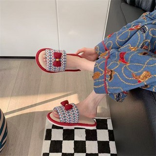 日系亞麻拖鞋 室內拖鞋 居家甜美蝴蝶結 棉麻防滑軟底四季拖鞋, 米白色-腮紅熊貓, 1個