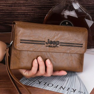 新款男士手拿包真皮質感手包簡約商務手抓包高檔大容量錢包手機包, 卡其色