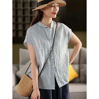 여성 빈티지 스트라이프 린넨 셔츠 피터 칼라 반팔 싱글 톱 A12Z2R 원픽3