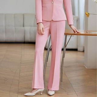 遇見 長袖韓版時尚修身女職業西裝套裝 OL上班族工作服 3色可選 加大尺寸8937, 粉色喇叭褲,M