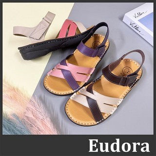 MIT台灣製 手工鞋 厚底涼鞋 魔鬼氈涼鞋 增高涼鞋 皮革撞色 交叉線條 厚底增高坡跟楔型 涼鞋, 咖,38