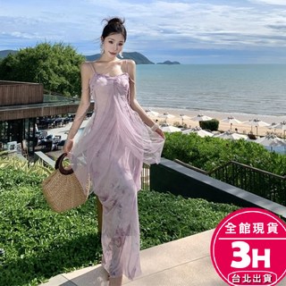 梨卡 女裝性感露背網紗吊帶海邊度假長裙紫色洋裝, 如圖色,L-現貨馬上出貨