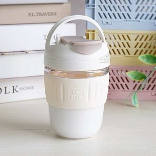 韓國ins風可愛小熊隨行杯370ml附吸管提環小清新簡約奶茶系咖啡杯環保杯, 米白, 1個, 370ml