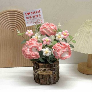 永生仿真線針織花束擺件 向日葵毛線花 編織花 情人節禮物, 粉色康乃馨盆栽成品 +禮袋+led燈, 1個