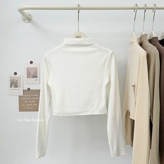 Fee爆款 正韓加絨小立領短版長袖上衣 秋天保暖加絨加厚顯瘦女上衣