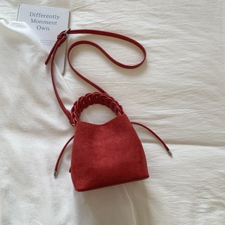 復古編織手提包，小拎包女款，2025新款麂皮絨水桶包，簡約單肩斜挎包, 西西紅