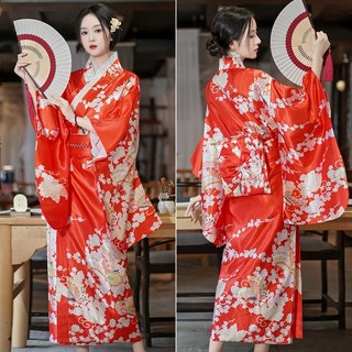 水水女人國 日式和服浴衣 復古印花綢緞質感 東瀛風寫真表演必備 多色可選, 紅色, 1套