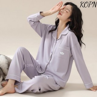 KOPN 잠옷 여성용 봄옷 가슴 패드 일체형 긴팔 봄가을 온정 가정복 봄가을